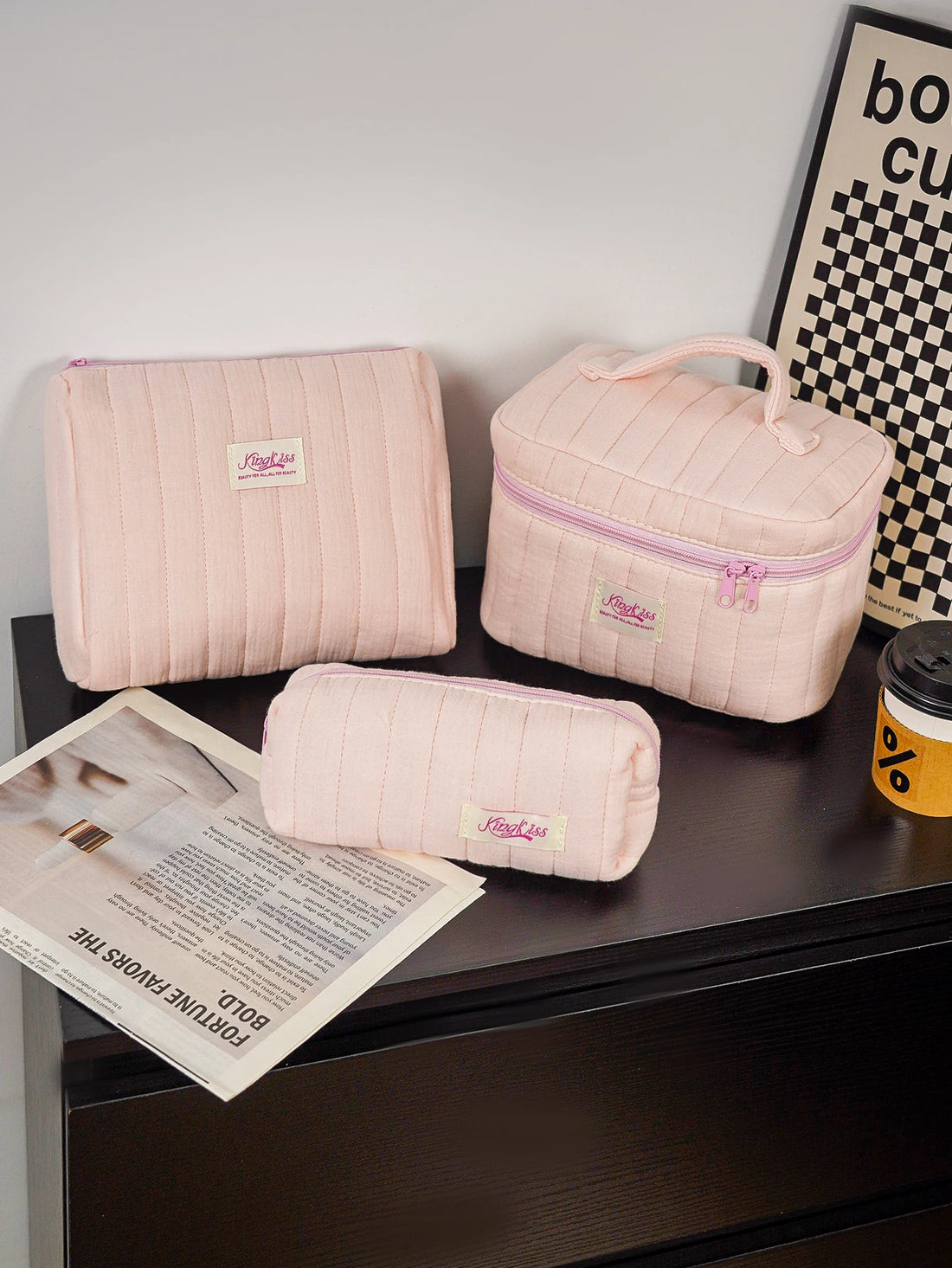 1pc/set pink quilted makeup bag, multifunctional makeup bag, handheld makeup bag, portable makeup bag set with zipper