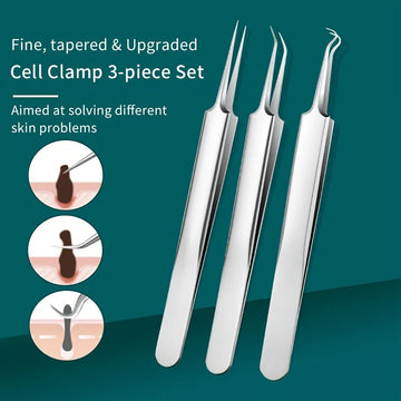 3pcs Set of Stainless Steel Pimple Pincers, Needle, Blackhead Remover, and Tweezers for Different Light Beige Issues