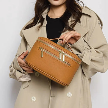 Double Zipper Travel Makeup Bag for Women Cosmetic Bag Portable Large Capacity Makeup Bag Storage Organizer Leather Toiletry Bag