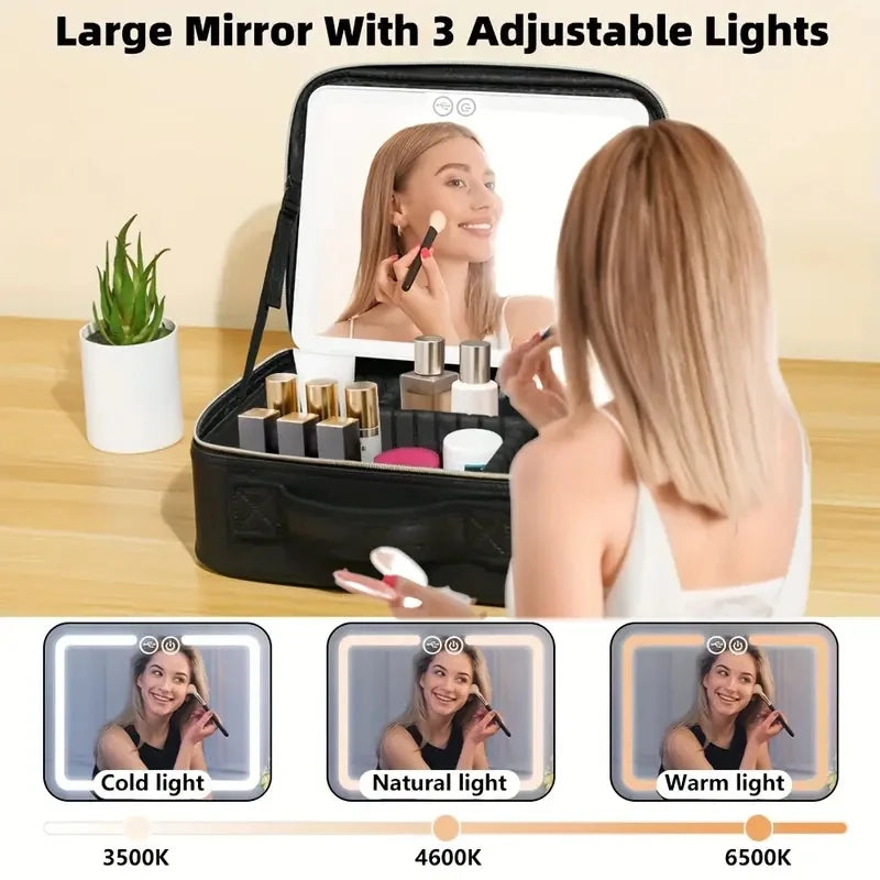 Travel Makeup Bag with LED Make up Case with Vanity Mirror 3 Color Setting Cosmetic Box Organizer for Beauty Tools Accessories