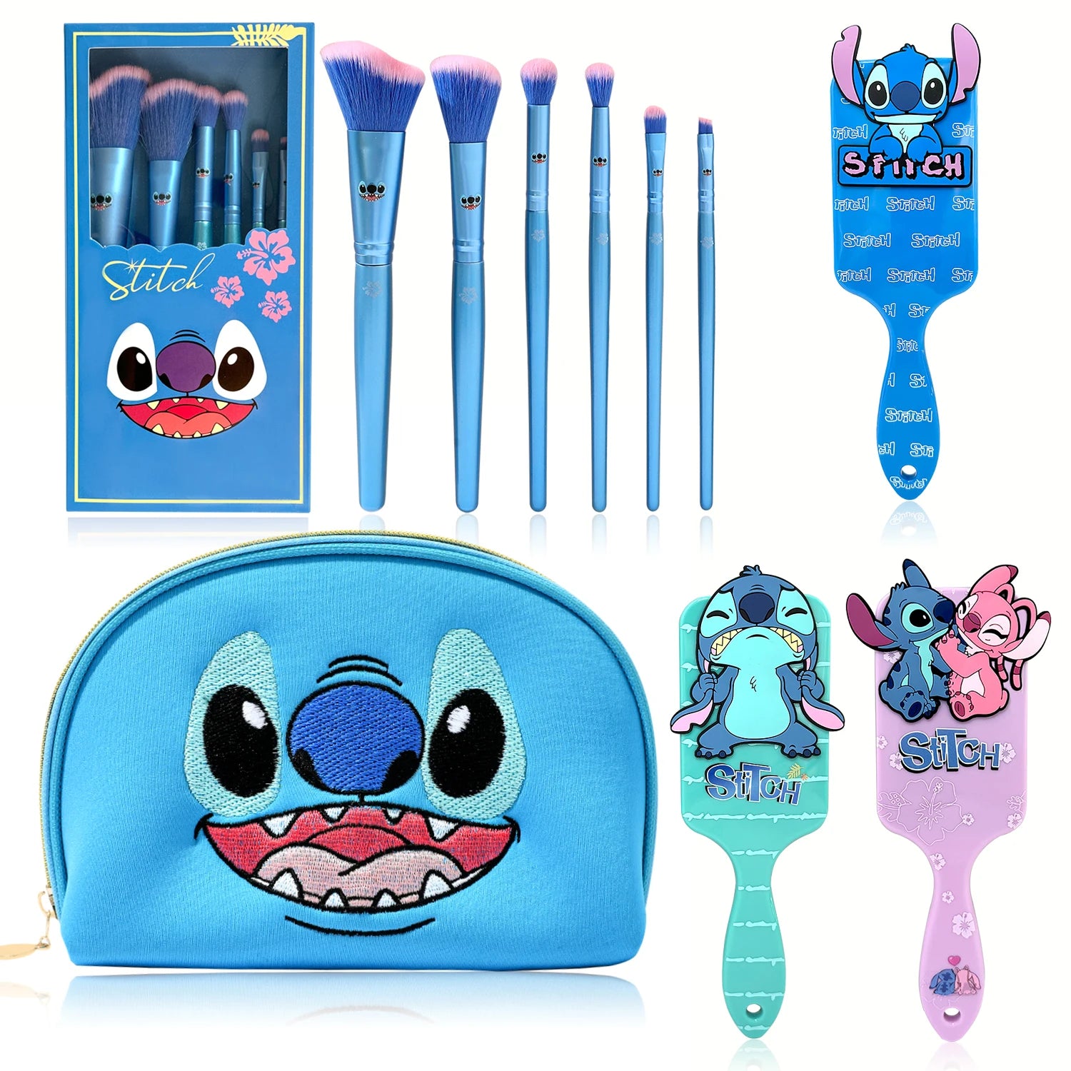 Blue cartoon cute Stitch makeup brush set, embroidered makeup bag, air cushion comb, the perfect choice for holiday gifts！