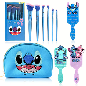 Blue cartoon cute Stitch makeup brush set, embroidered makeup bag, air cushion comb, the perfect choice for holiday gifts！