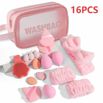 A 16 piece makeup set, a makeup kit, includes a three-piece hairband set, makeup sponges, and cleansing tools, etc.