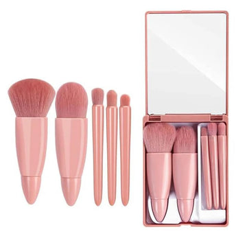 Easy-taken Travel Makeup Brush Set, 5pcs Mini Complete Function Cosmetic Brushes Kit (5pcs with mirror)