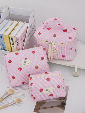 1pc/set Strawberry Quilted Makeup Bag, Travel Makeup Bag, Toiletry Makeup Bag, Portable Makeup Bag, Lightweight  Storage Bag
